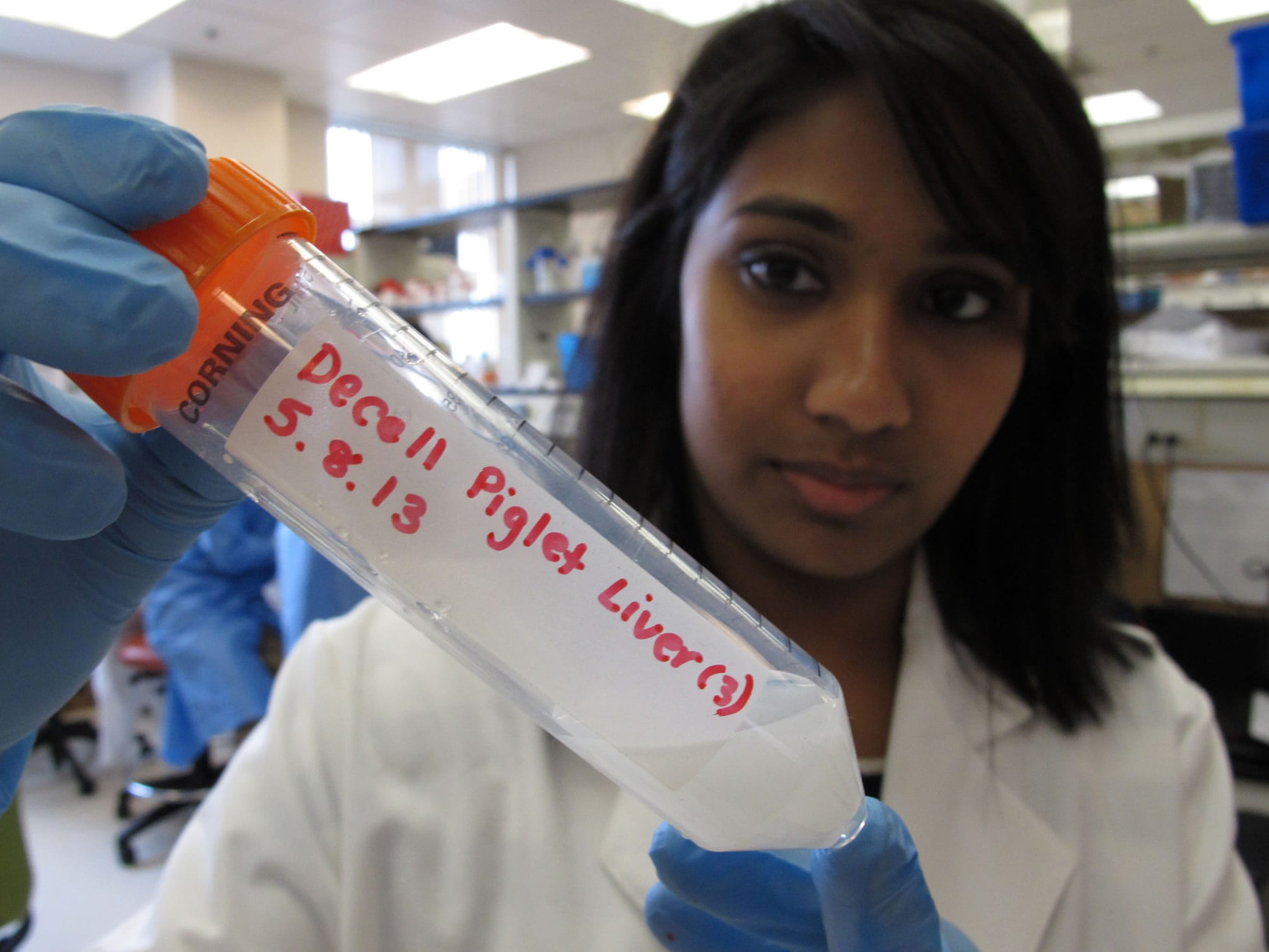 Researcher Abritee Dhal holds a test tube containing pieces of &quot;decelluralized&quot; piglet liver in a laboratory at Wake Forest University in Winston-Salem, N.C., on May 8.