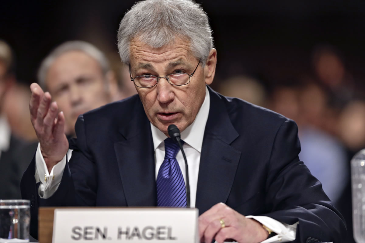 Republican Chuck Hagel, President Obama's choice for defense secretary, testifies before the Senate Armed Services Committee during his confirmation hearing on Capitol Hill in Washington on Thursday.