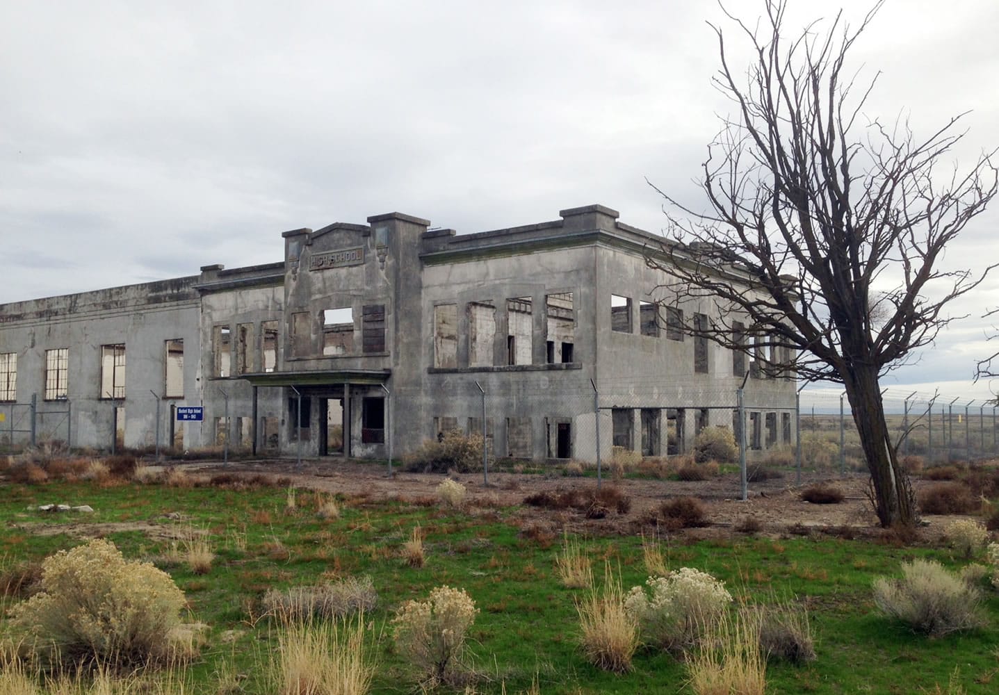 The ruins of the old Hanford High School are shown near Richland. The towns of Hanford and White Bluffs were evacuated to make room for the Hanford Nuclear Reservation, which made the plutonium for the atomic bomb dropped on Nagasaki, Japan, and the ruins of the high school and other buildings are now part of the nation&#039;s newest national park, called the Manhattan Project National Historic Park. (Courtesy of the U.S.