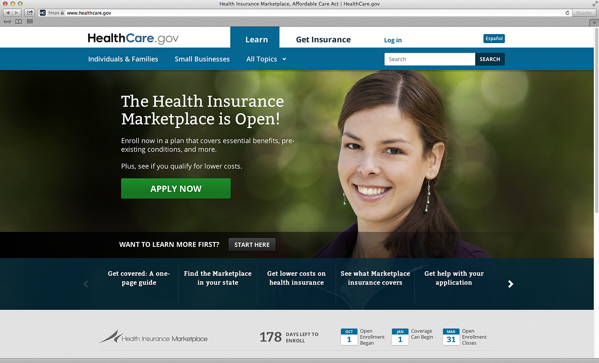 The main landing web page for HealthCare.gov.