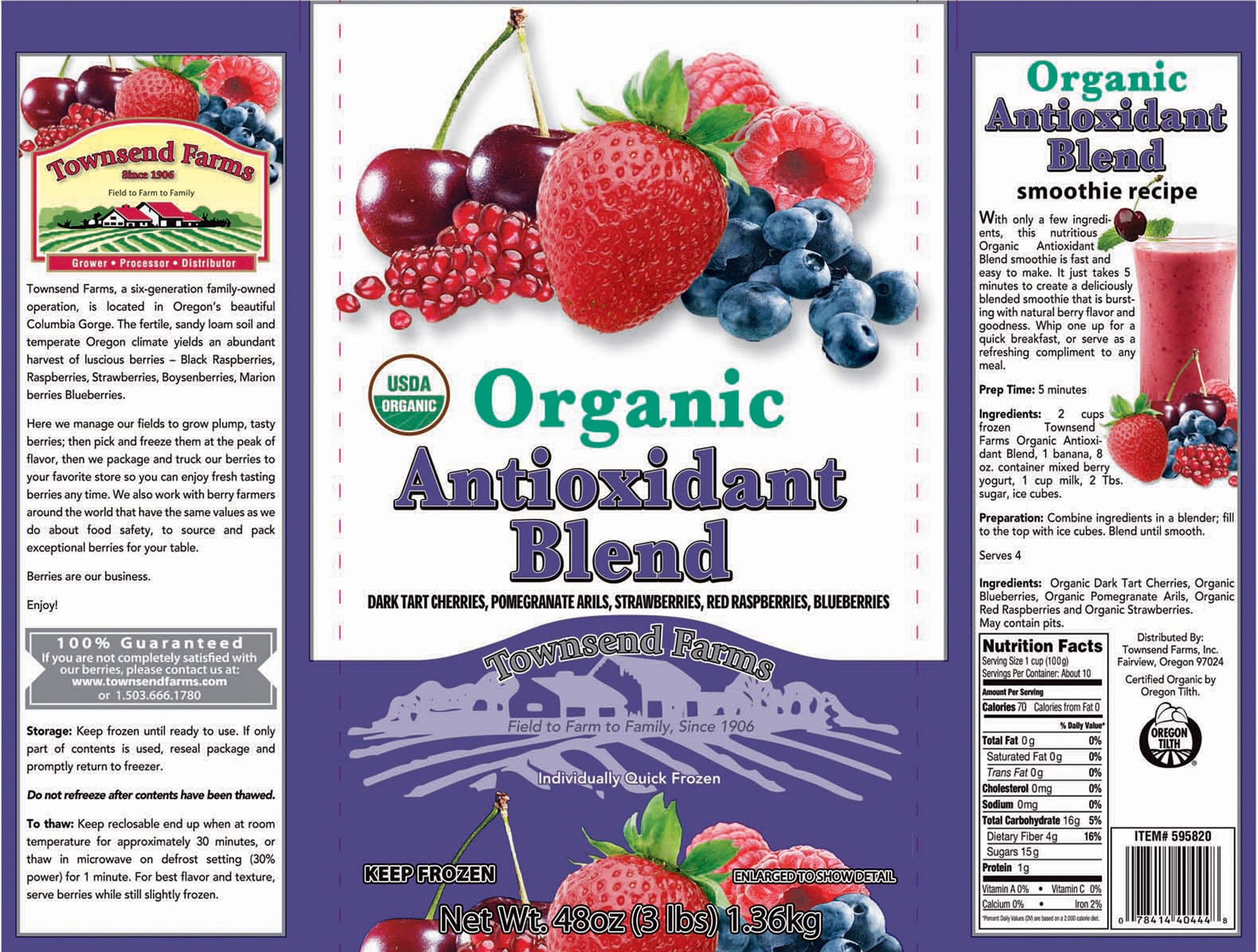 The label of Townsend Farms of Fairview, Ore., Organic Antioxidant Blend, packaged under the Townsend Farms label at Costco and under the Harris Teeter brand at those stores.