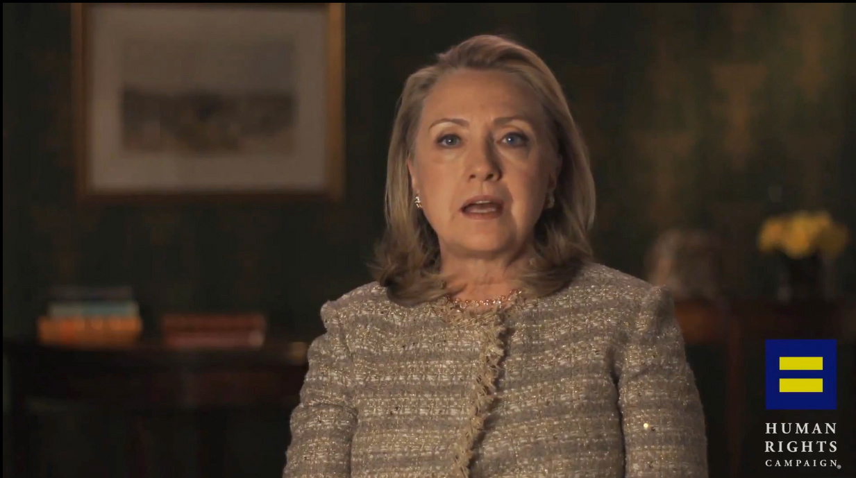 Former Secretary of State Hillary Rodham Clinton announces her support for gay marriage, putting her in line with other potential Democratic presidential candidates on a social issue that is rapidly gaining public approval. Clinton made the announcement in an online video released Monday morning by the gay rights advocacy group Human Rights Campaign.