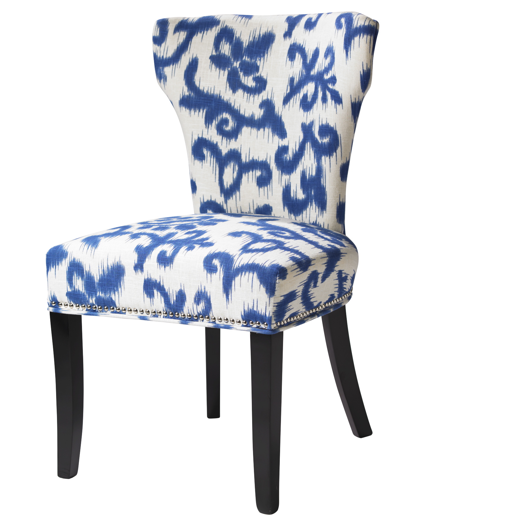 Blue and white prints, such as the fabric on this upholstered HomeGoods chair, are a big trend this spring.