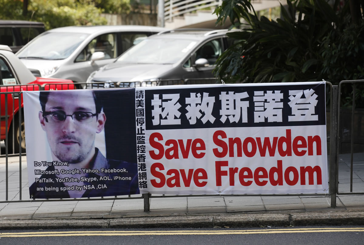 A banner supporting Edward Snowden, a former CIA employee who leaked top-secret documents about sweeping U.S.