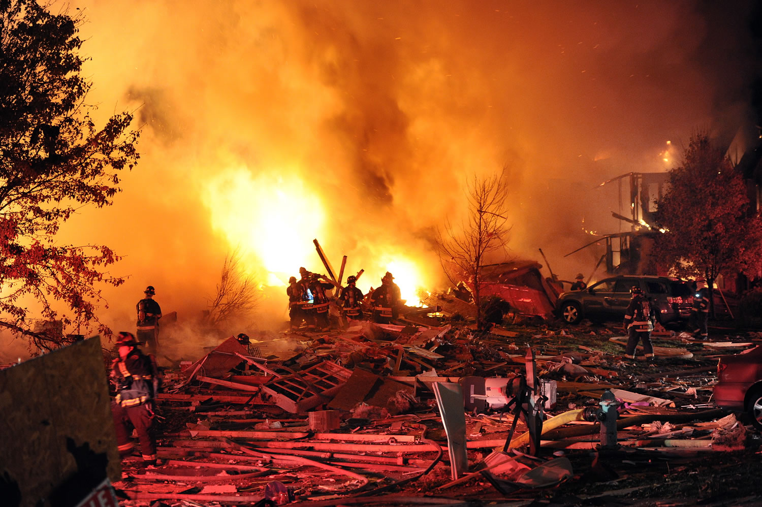 Authorities say a loud explosion has leveled a home in Indianapolis and set four others ablaze in a neighborhood, causing several injuries. Capt. Rita Burris with the Indiana Fire Department told The Associated Press that firefighters are still working to put out the flames after the explosion around 11 p.m. Saturday Nov. 10, 2012.