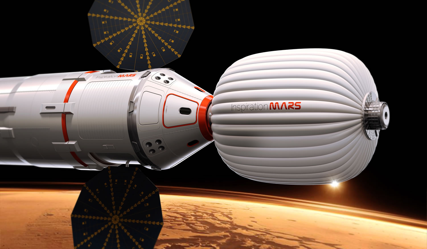 Inspiration Mars
An artist's conceptual drawing of a spacecraft envisioned by Inspiration Mars, which wants to send a married couple to fly past Mars beginning in 2018.