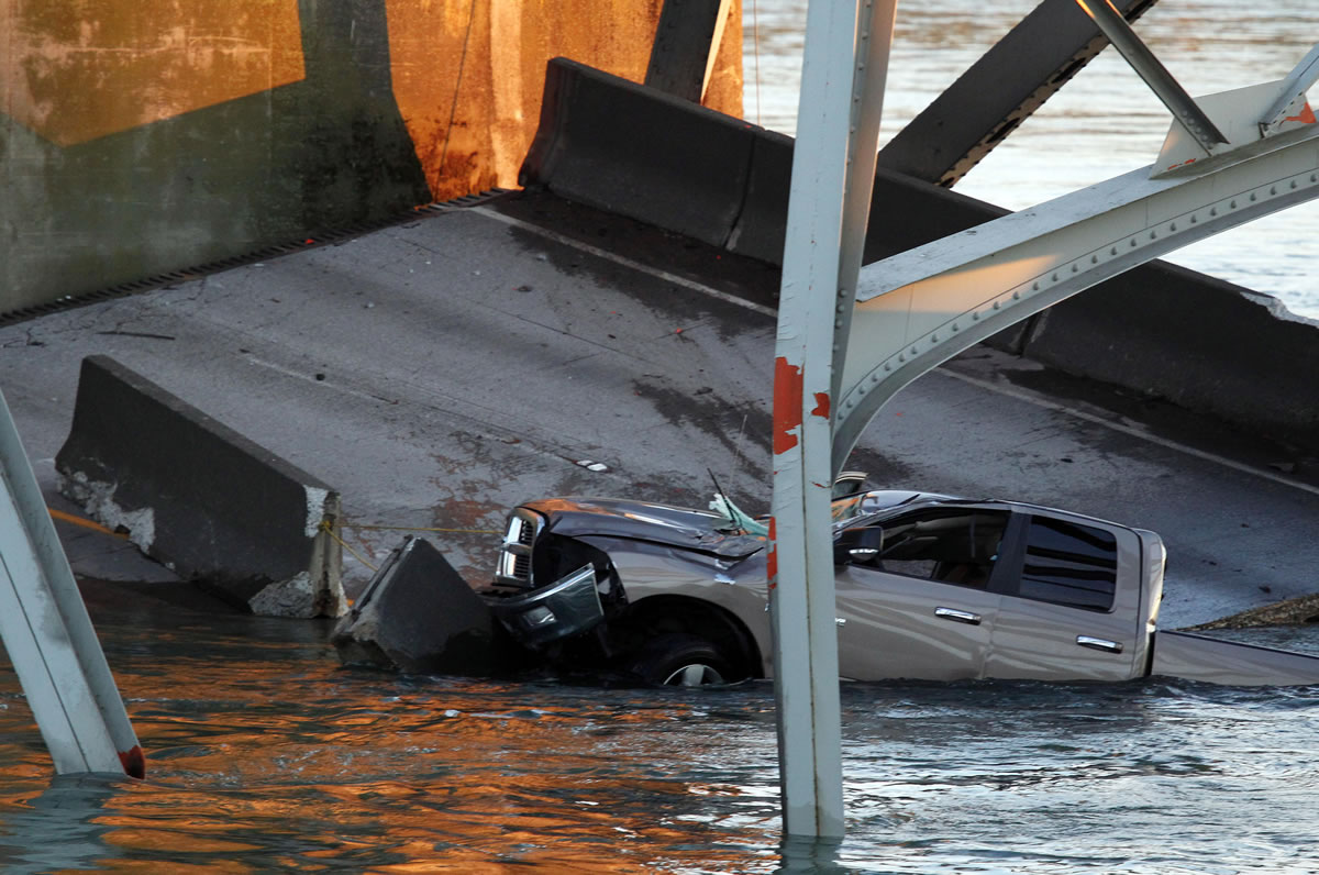 A truck is seen in the water Thursday after a portion of the Interstate 5 bridge collapsed into the Skagit River in Mount Vernon.