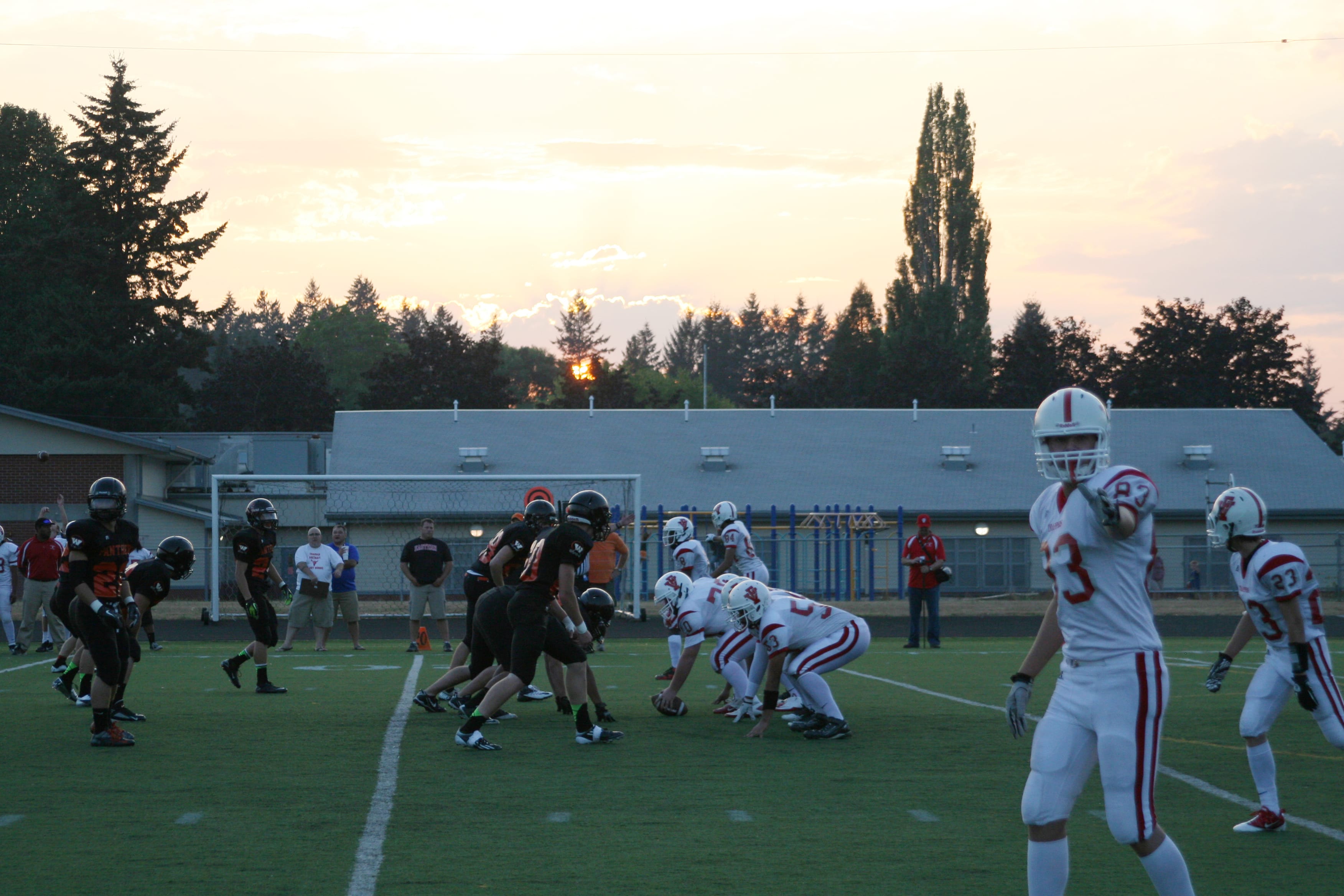 The sun sets on the horizon, as the Washougal and Fort Vancouver high school football teams play at Fishback Stadium Friday night.
