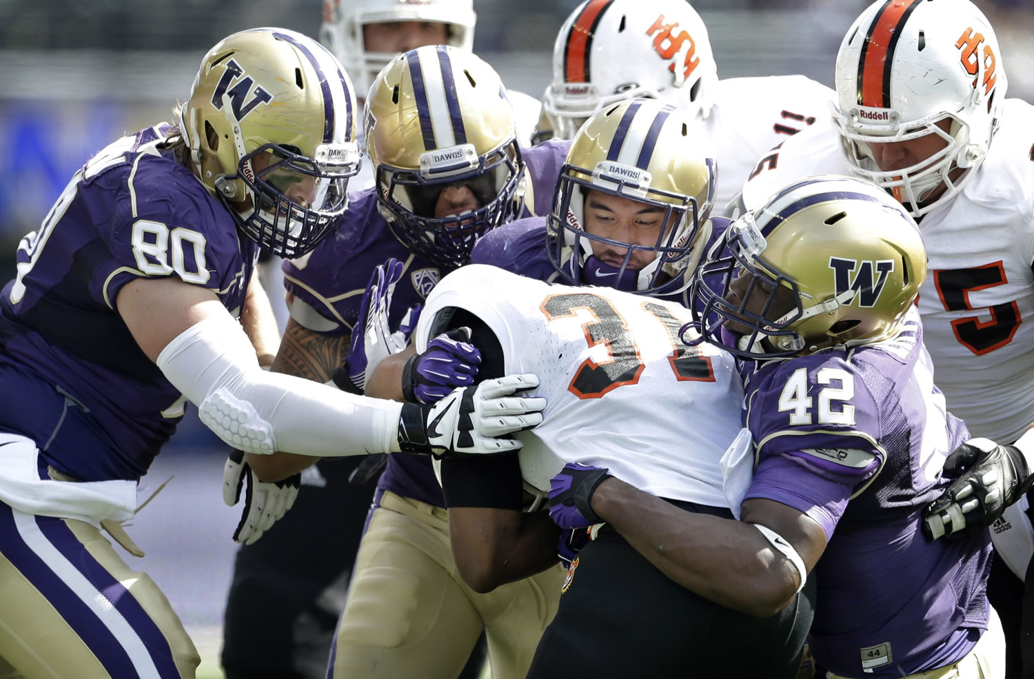 Four Washington defenders wrap up Idaho State's Xavier Finney in the first half Saturday at Husky Stadium.