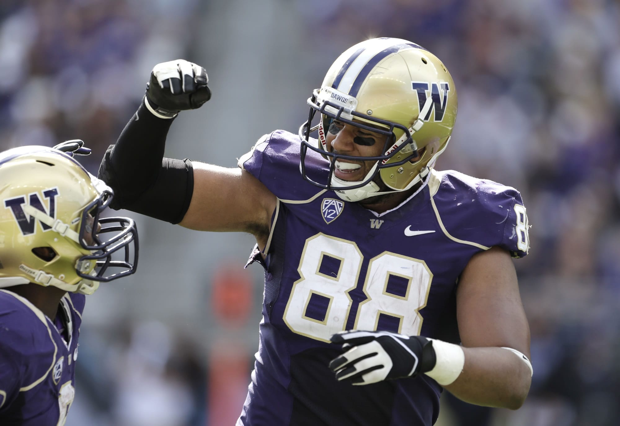Washington's Austin Seferian-Jenkins (88) celebrates his touchdown against Idaho State with Kevin Smith in the first half of an NCAA college football game Saturday, Sept. 21, 2013, in Seattle.