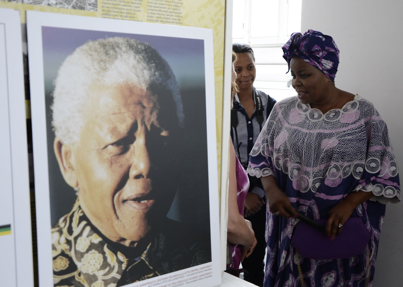 South Africa's ambassador to Italy Nomatemba Tambo attends an exhibition organized by an anti-racism center on the occasion of the 95th birthday of Nelson Mandela in Rome on Thursday.
