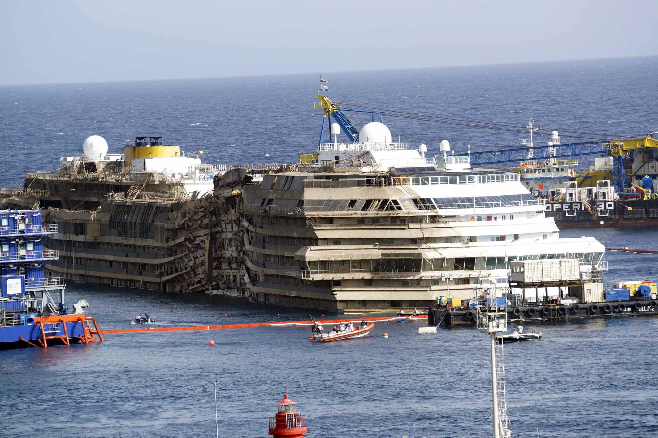 The Costa Concordia ship is seen after it was lifted upright, on the Tuscan Island of Giglio, Italy, on Tuesday morning.