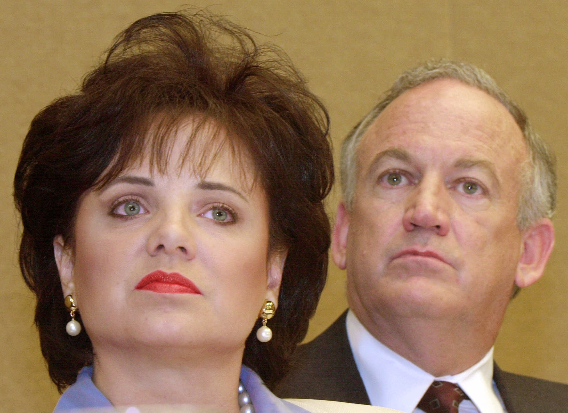 In this May 24, 2000 file photo, Patsy Ramsey and her husband, John, parents of JonBenet Ramsey, look on during a nws conference in Atlanta regarding their lie-detector examinations for the murder of their daughter.