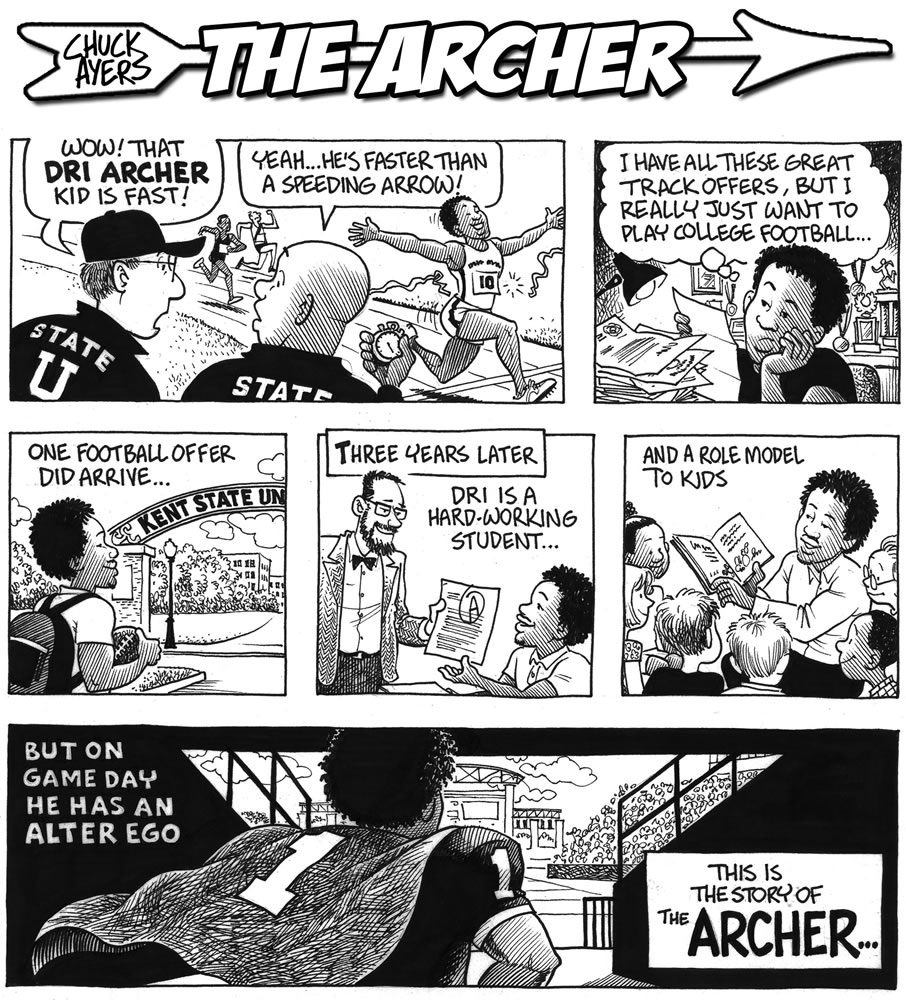 This comic strip illustration provided by Kent State University shows &quot;The Archer,&quot; a unique Heisman Trophy campaign to promote the schools lightning-fast football player Dri Archer.