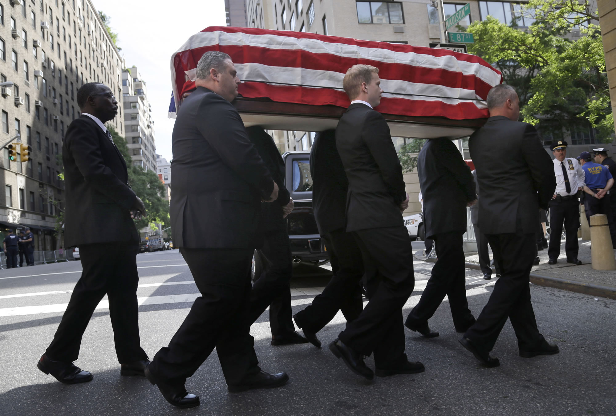 The casket containing the body of  U.S. Sen. Frank Lautenberg is carried into the Park Avenue Synagogue in New York on Wednesday.