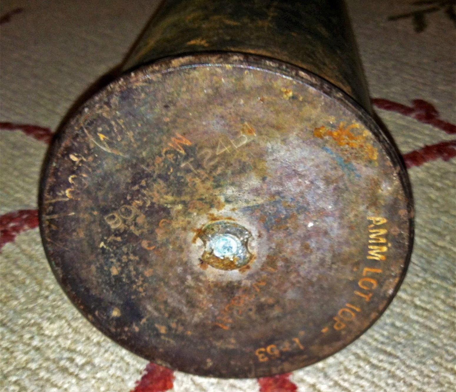 This photo provided by Paul Melton shows a  60-year-old live tank round from the bottom Monday in Pendleton, Ore.