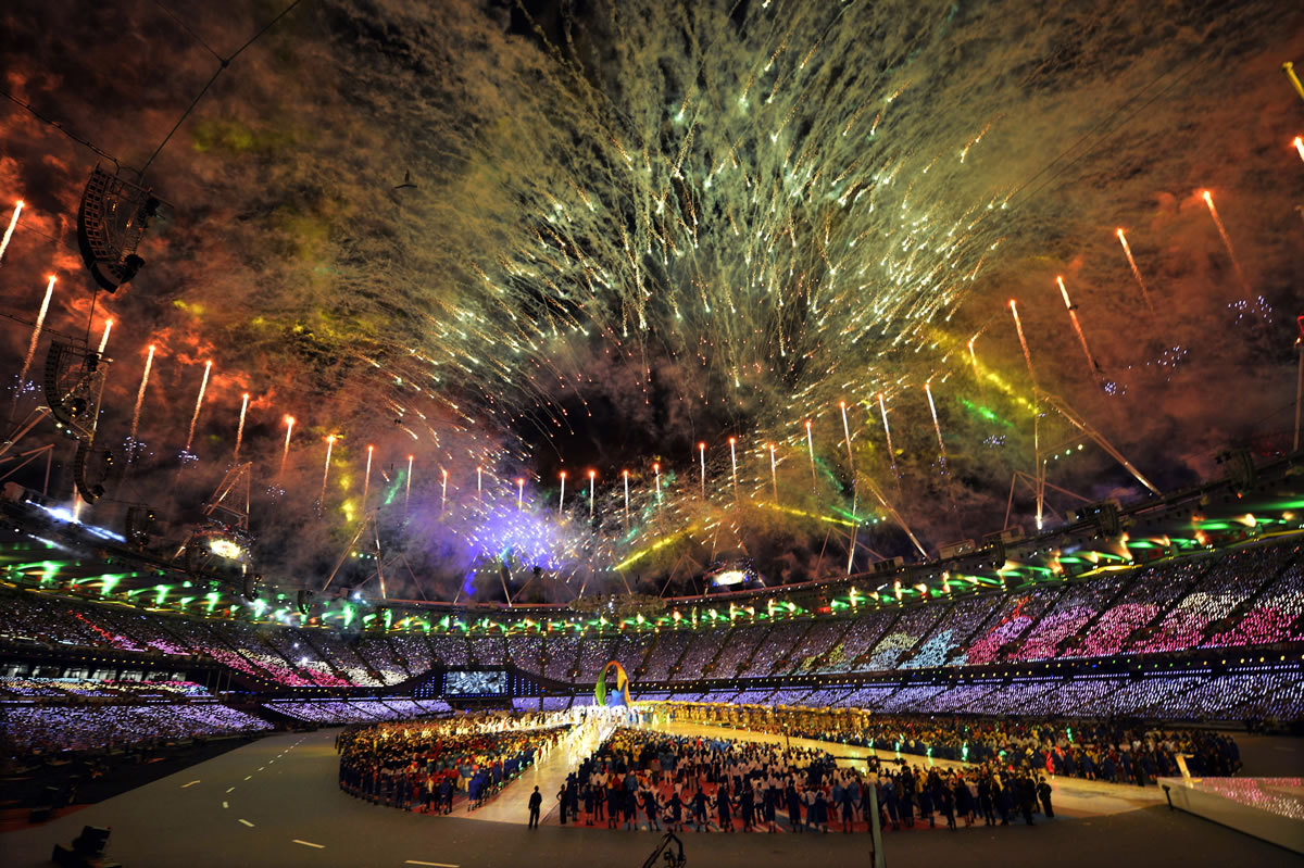 Fireworks explode over the stadium Sunday during the closing ceremony at the 2012 Summer Olympics in London.