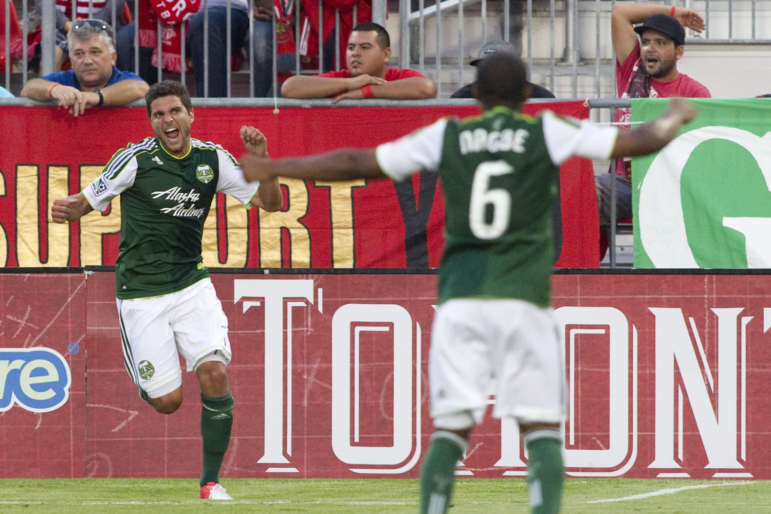 Portland Timbers' Sal Zizzo celebrates his goal with Darlington Nagbe in the Timbers' 2-2 tie against Toronto.