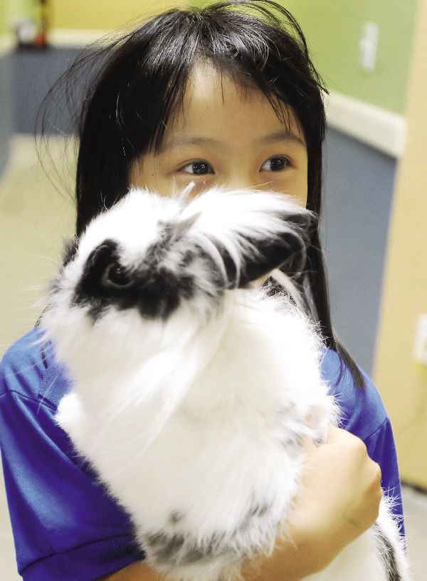 Second-grader Vanessa Lim holds Yoshi on Aug. 29 at VIBES Public Charter School inside Kids Unlimited in Medford, Ore.