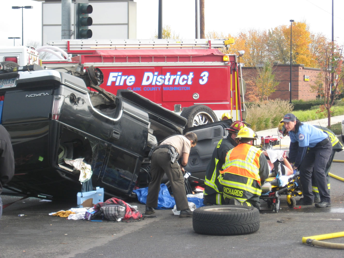 Firefighters with Clark County Fire District 3 responded to a rollover crash near the Winco in Brush Prairie Monday morning.