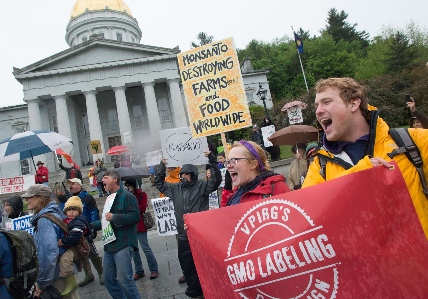 People chant and carry signs during a protest against Monsanto in front of the capitol building in Montpelier, Vt. on Saturday. Marches and rallies against seed giant Monsanto were held across the U.S. and in dozens of other countries Saturday. Protesters say they want to call attention to the dangers posed by genetically modified food and the food giants that produce it. Monsanto Co., based in St.