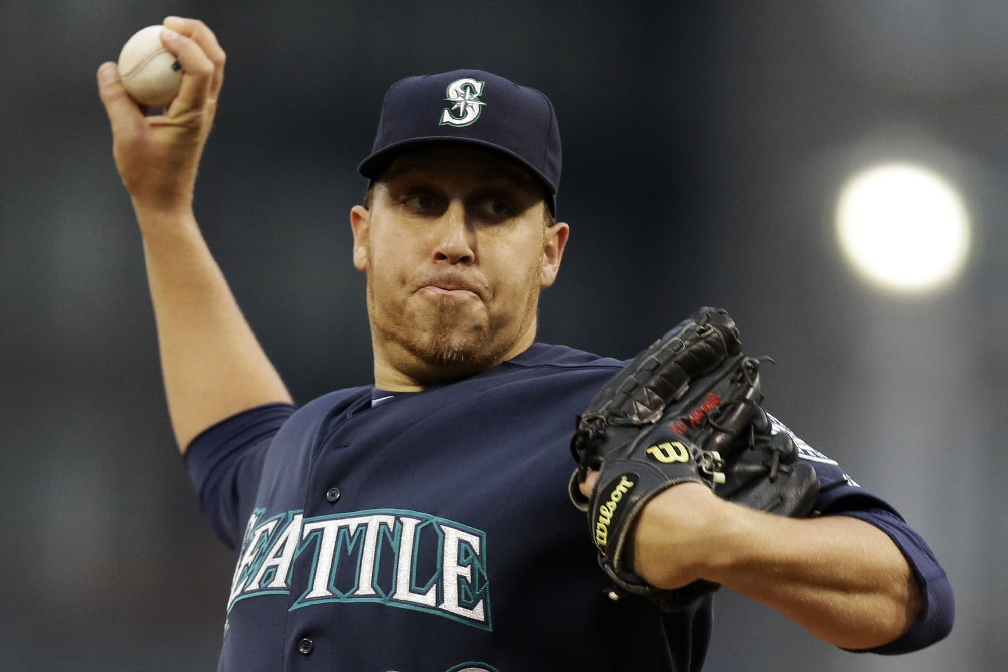 Seattle Mariners starting pitcher Aaron Harang delivers during the first inning of an interleague baseball game against the Pittsburgh Pirates in Pittsburgh, Tuesday, May 7, 2013. (AP Photo/Gene J.