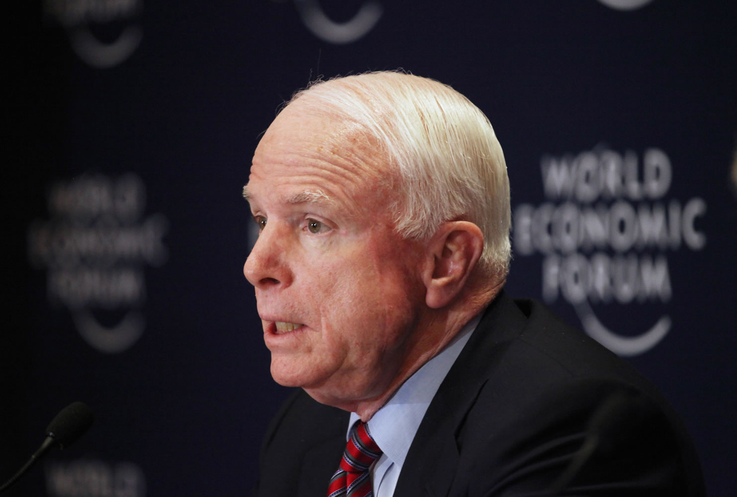 Republican Sen. John McCain speaks at a news conference at the World Economic Forum, held at the King Hussein Bin Talal Convention center, in Southern Shuneh, 34 miles  southeast of Amman, Jordan.