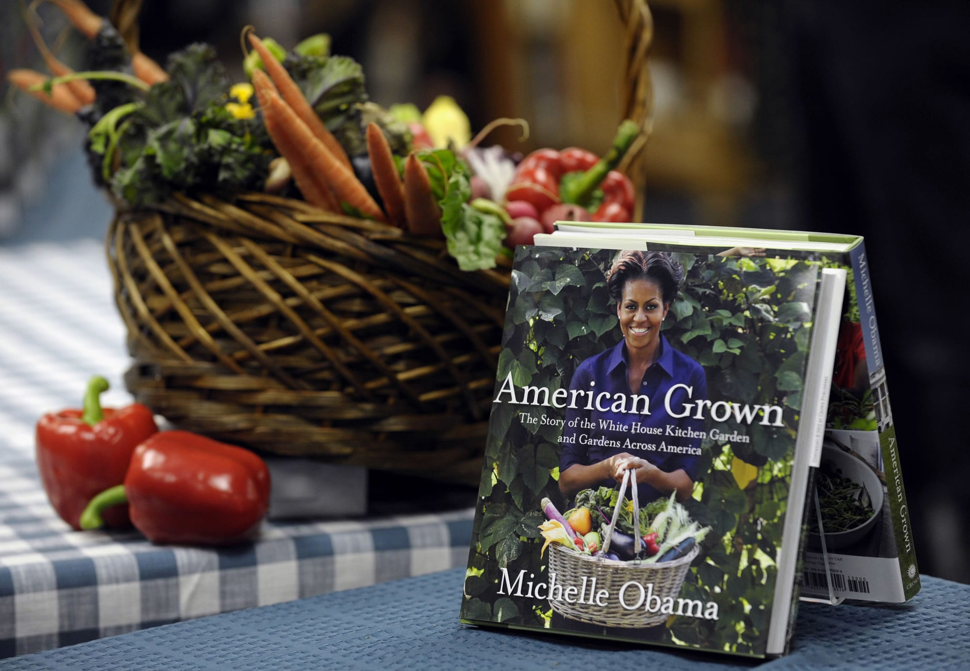 Copies of the book by first lady Michelle Obama &quot;American Grown: The Story of the White House Kitchen Garden and Garden Across America,&quot; displayed at the Politics &amp; Prose bookstore in Washington.
