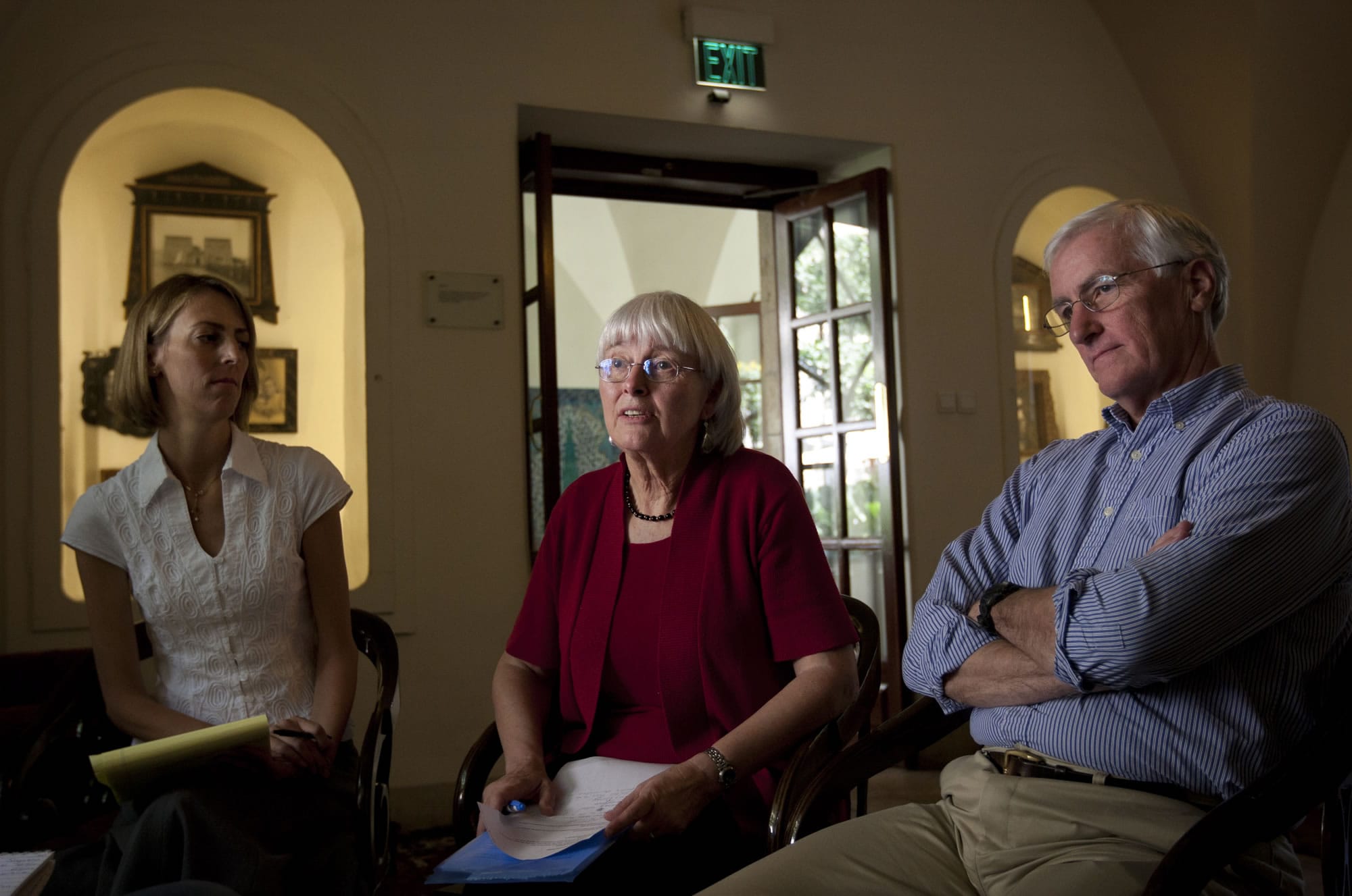 Cindy, center, and Craig Corrie, right, the parents of Rachel Corrie, a pro-Palestinian activist who was killed by an Israeli bulldozer in Gaza in 2003, sit with their daughter Sarah during an interview in Jerusalem on Sunday.