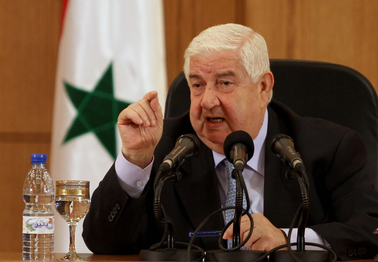 Syrian Foreign Minister Walid al-Moallem speaks during a press conference in Damascus, Syria on Tuesday.