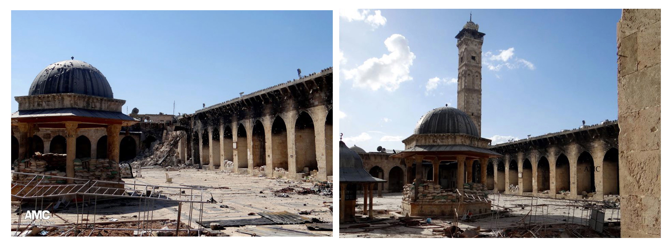 This combination of two citizen journalist images shows, at left the damaged famed 12th century Umayyad mosque without the minaret, background right corner, which was destroyed shelling Wednesday in the northern city of Aleppo, Syria; and at right is a March 6, 2013, view of the mosque with its minaret still intact.