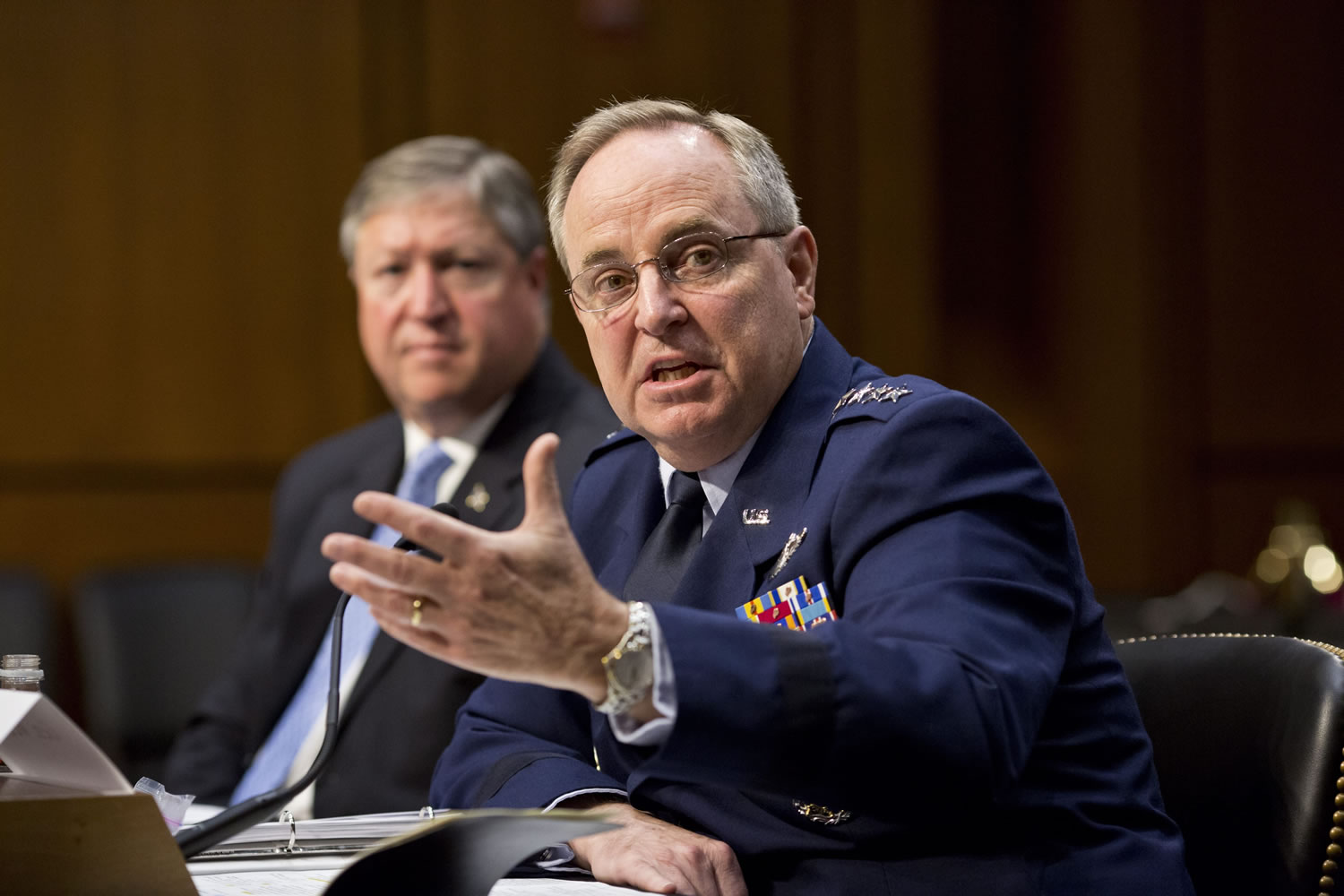 The Senate Armed Services Committee hears from top officials of the Air Force, Air Force Chief of Staff Gen. Mark A. Welsh III, right, and Secretary of the Air Force Michael B. Donley, left, during a hearing on Capitol Hill in Washington on Tuesday .