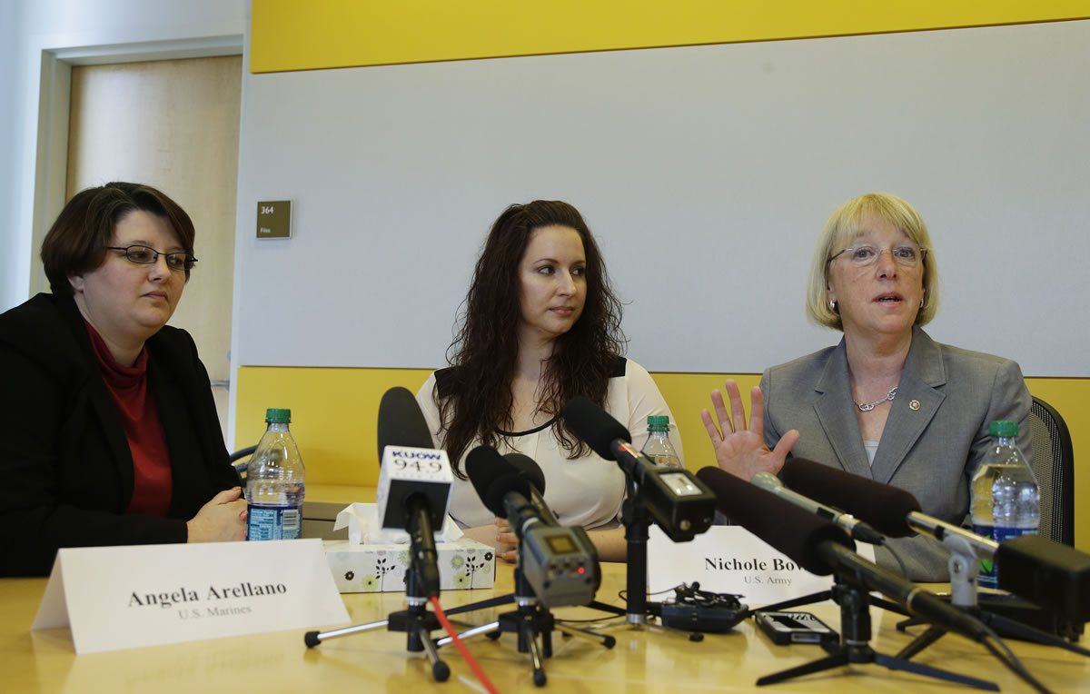 U.S. Sen. Patty Murray, D-Wash., right, talks to reporters, Friday in Seattle about the issue of sexual assault in the military. At left are Angela Arellano, formerly of the U.S. Marines, and Nichole Bowen, center, formerly of the U.S.