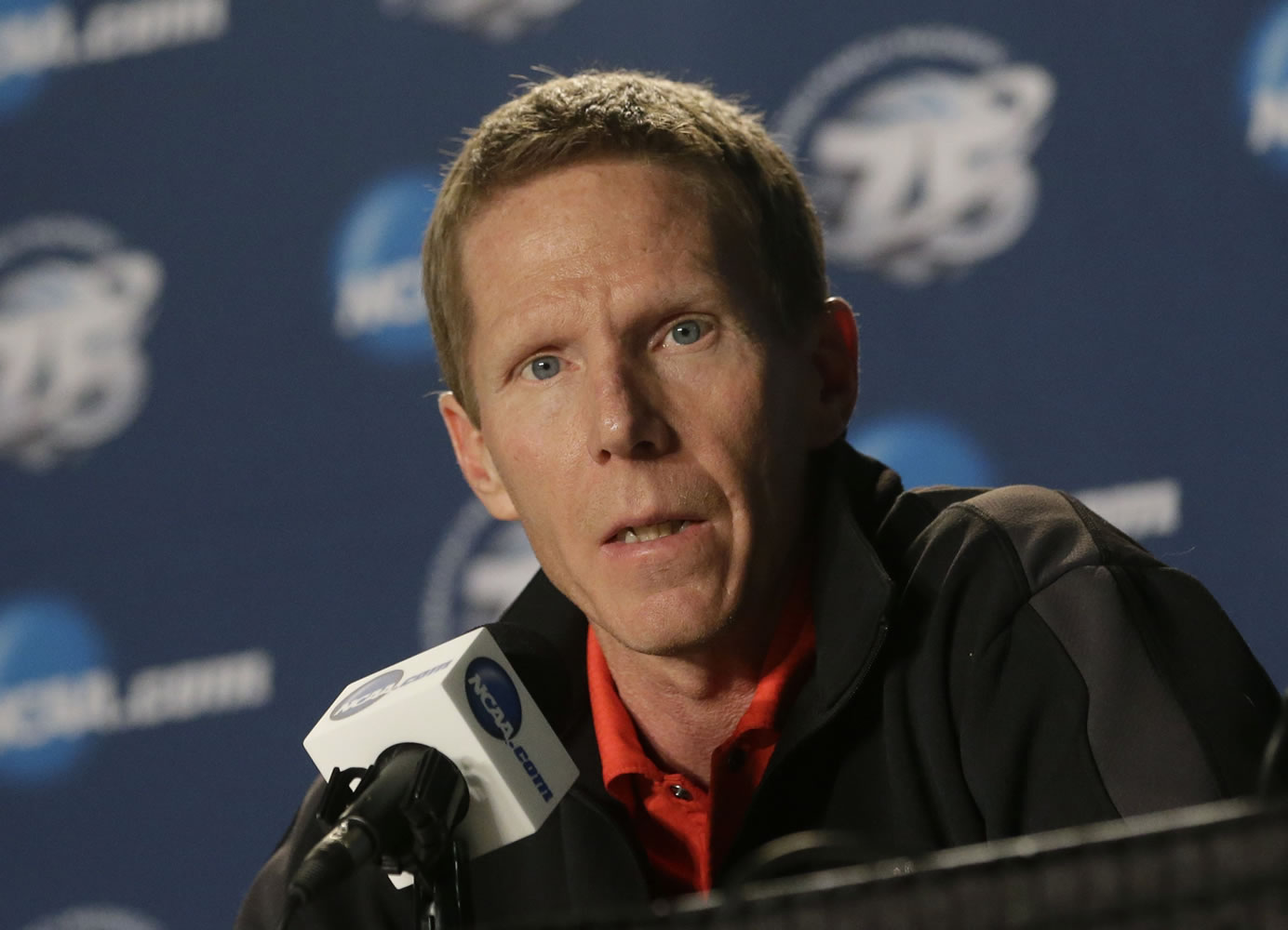 Gonzaga head coach Mark Few makes remarks during a news conference after practice on Friday.