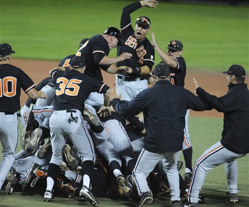 Players on the Oregon State baseball team celebrate their 4-3 win over Kansas State on Monday to win the super regional and advance to the College World Series