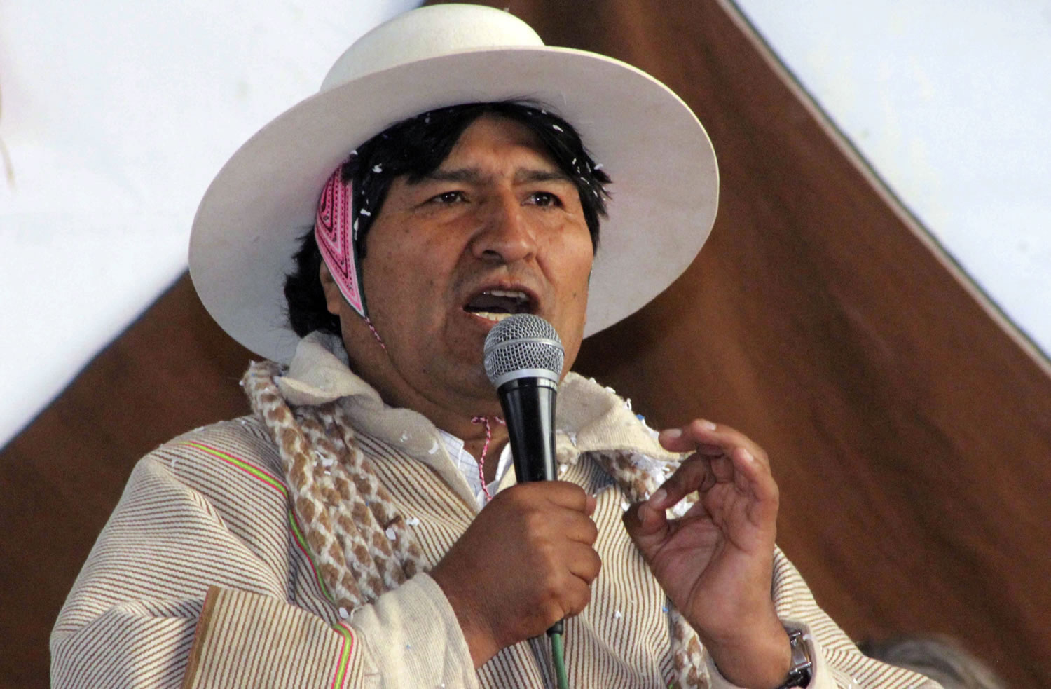 Bolivia's President Evo Morales speaks during a meeting with Uru-Chipaya indigenous in Chipaya, Bolivia, where Morales announced NSA leaker Edward Snowden is welcome in Bolivia.