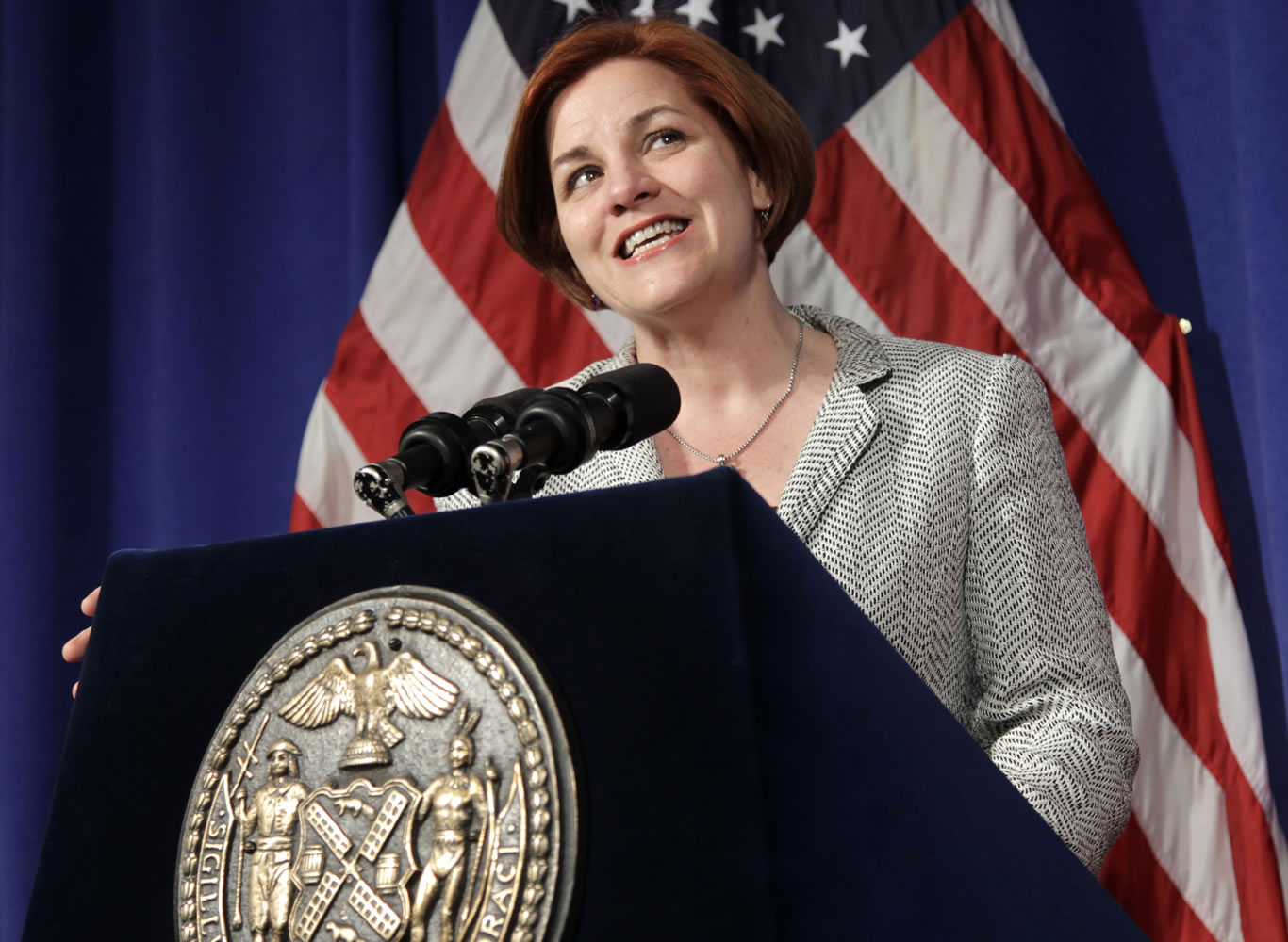 New York City Council Speaker Christine Quinn talks to reporters during a 2012 news conference at City Hall in New York.