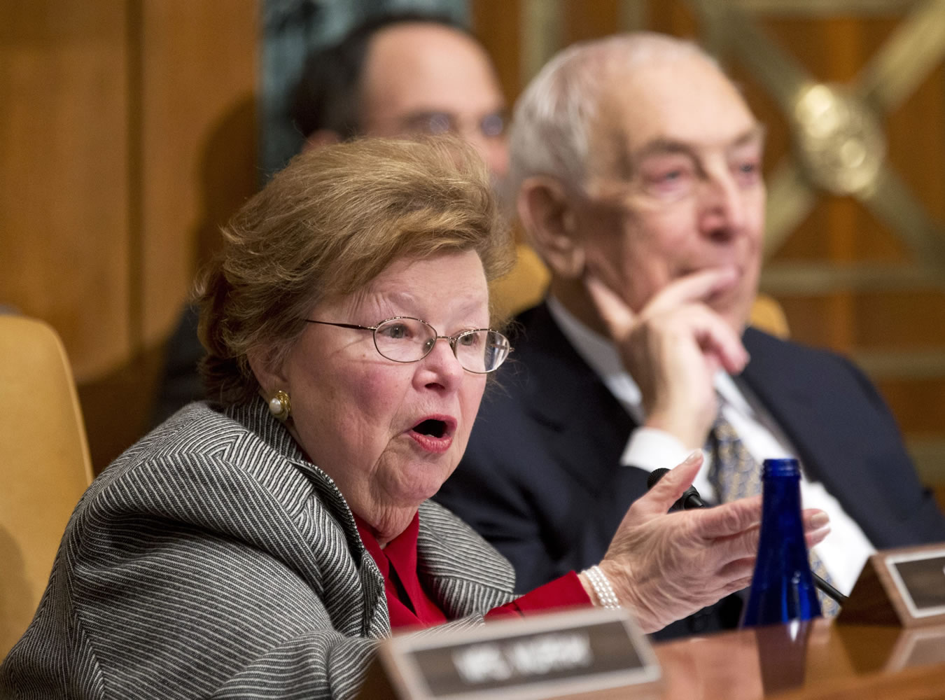 Senate Appropriations Committee member Sen. Barbara Mikulski, D-Md., left, speaks on Capitol Hill in Washington. Mikulski is one of two U.S. senators among the critics calling for greater accountability in sexual assault cases for Naval Academy Superintendent Vice Adm.