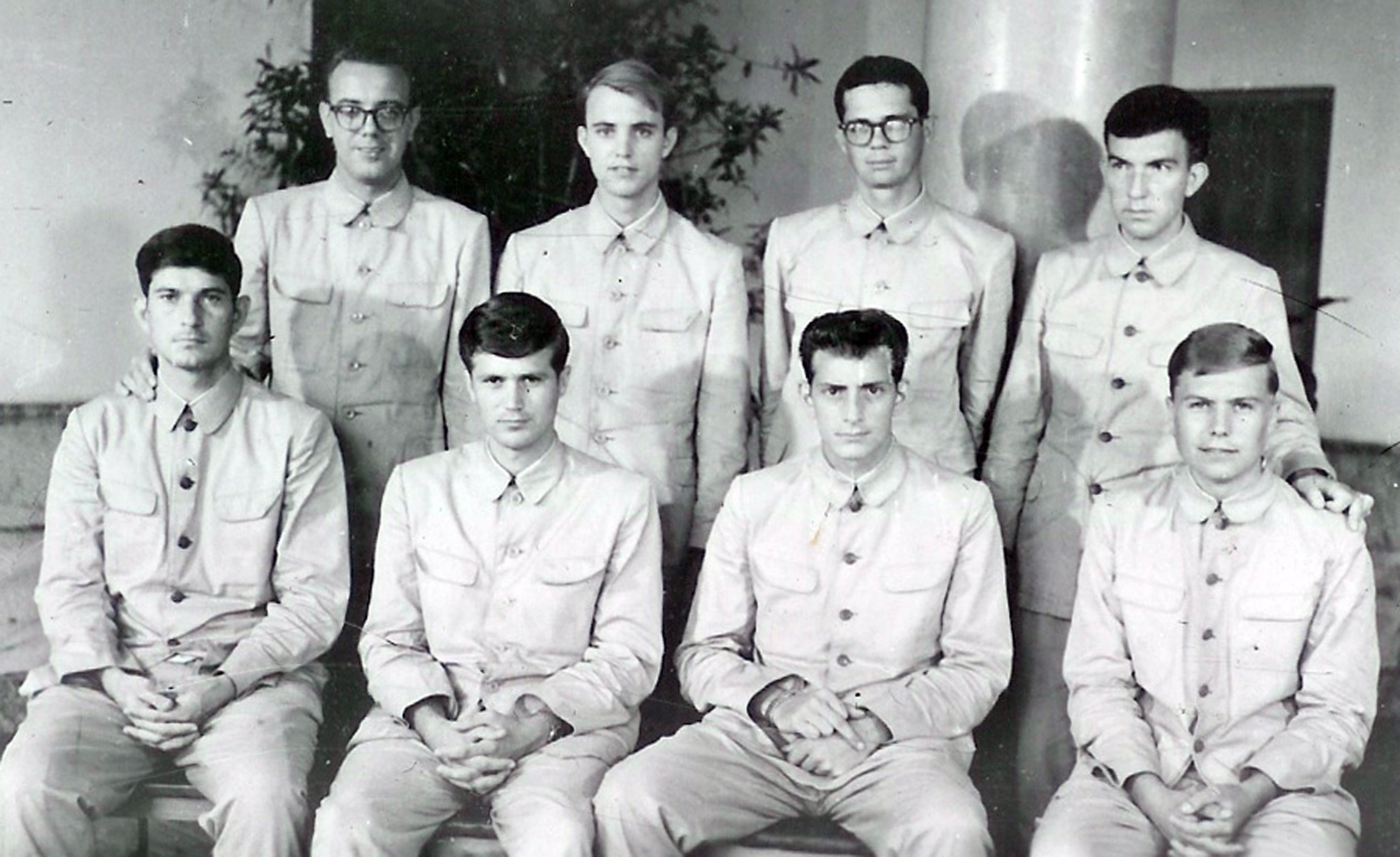 Crew members of USS Pueblo pose while in captivity in North Korea in 1968.
