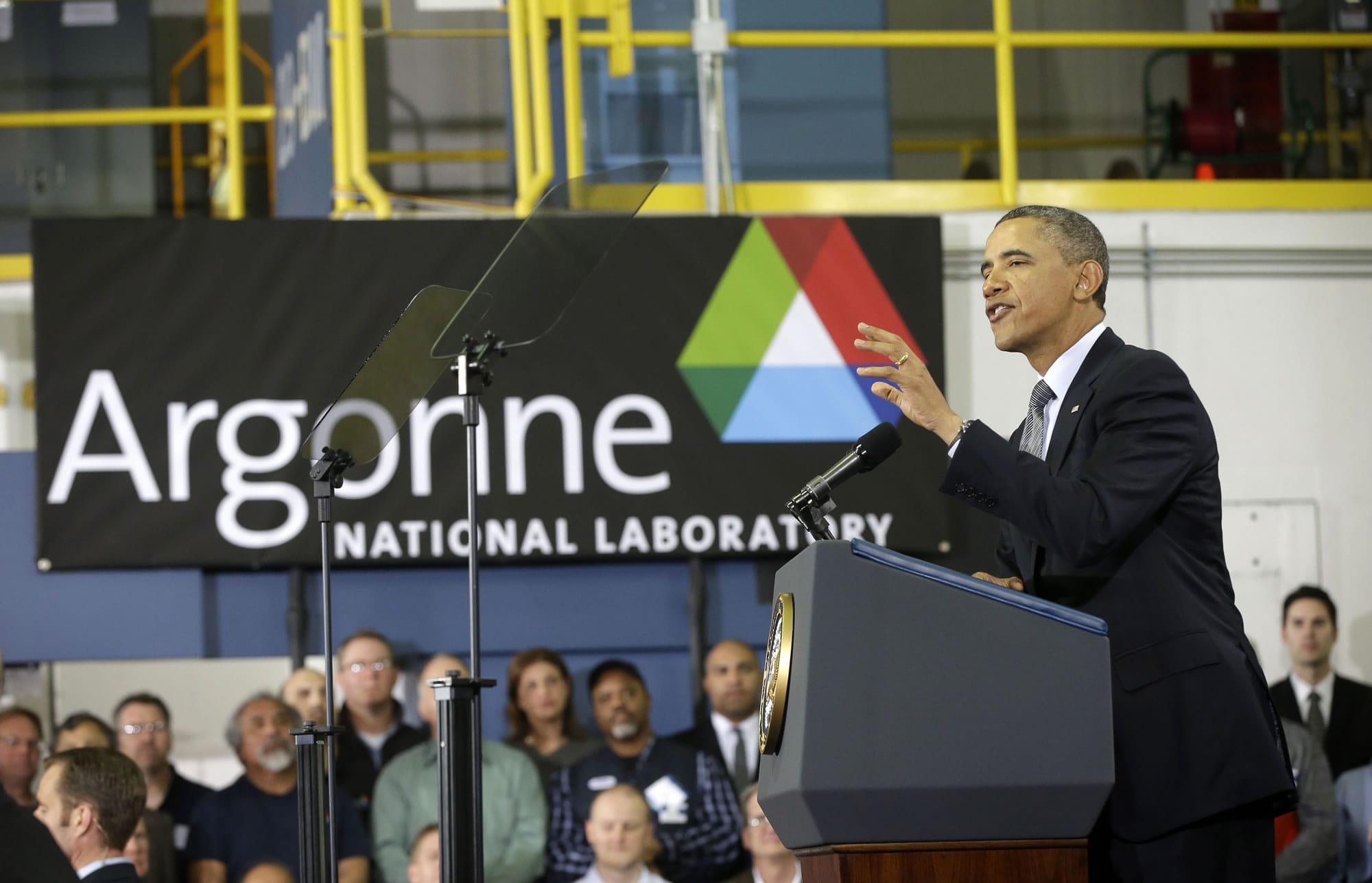 President Barack Obama speaks Friday at Argonne National Laboratory in Argonne, Ill.,  promote his energy policies.