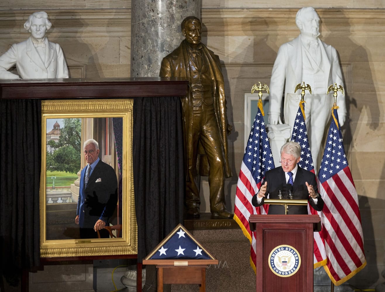 Former President Bill Clinton speaks during a ceremony honoring the late former Speaker of the House of Representatives Thomas S.
