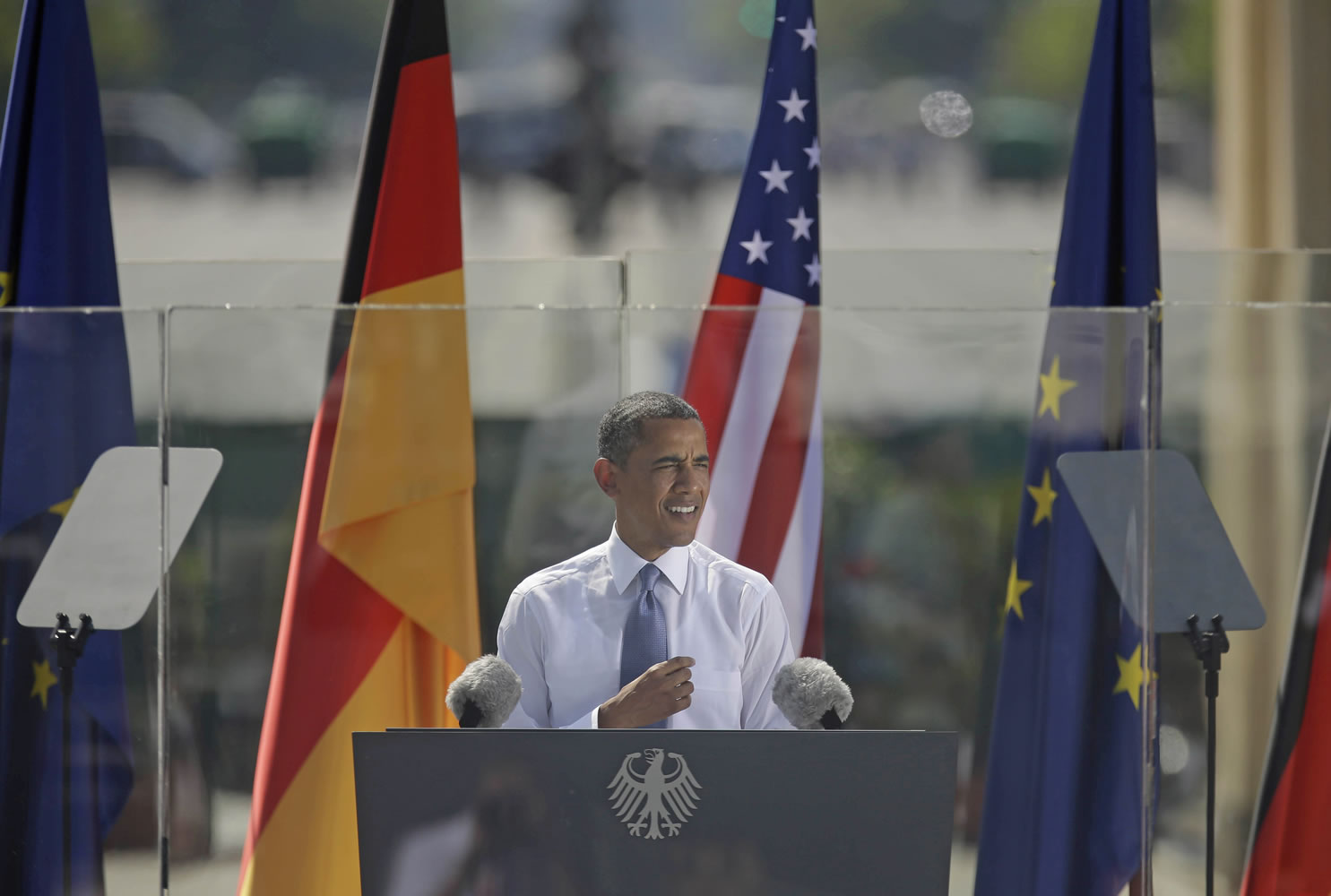 President Barack Obama speaks in front of the iconic Brandenburg Gate in Berlin Germany on Wednesday.