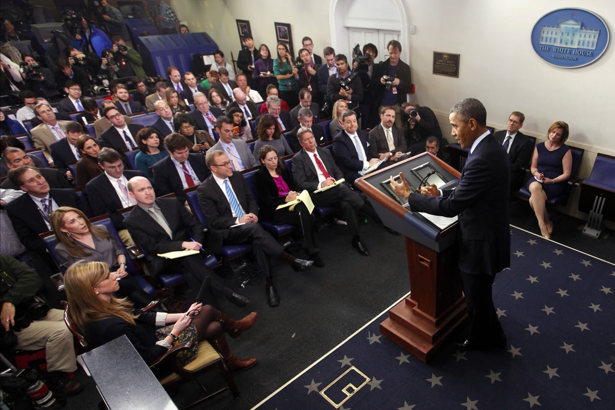 President Barack Obama speaks to reporters in the White House press briefing room in Washington.