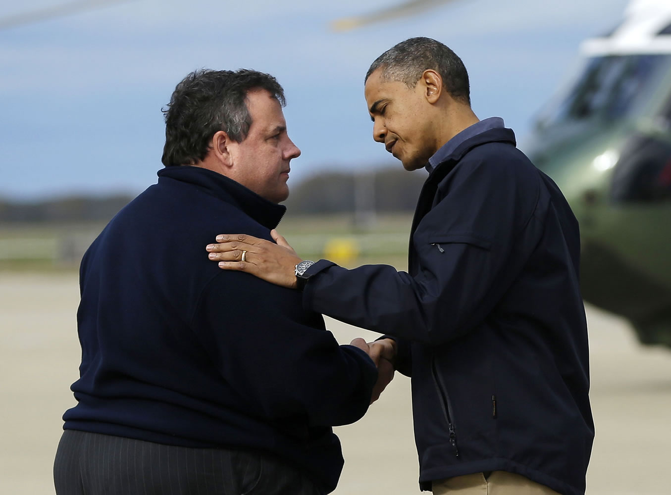 President Barack Obama is greeted Oct. 31 by New Jersey Gov. Chris Christie upon arrival at Atlantic City International Airport in Atlantic City, N.J., to visit areas damaged by Superstorm Sandy.