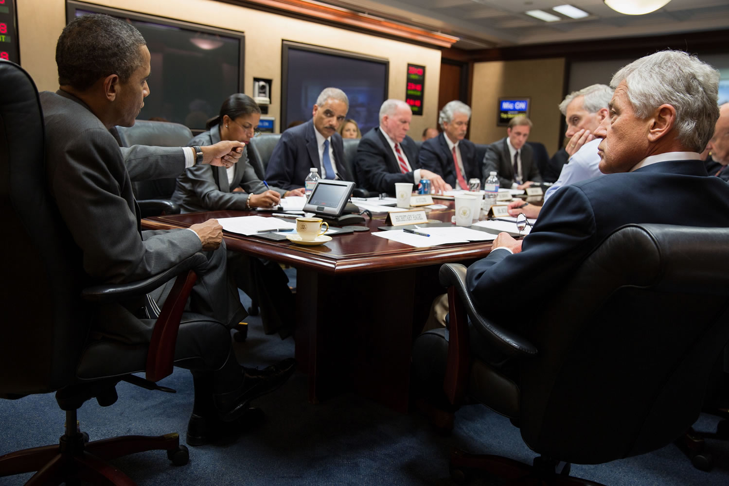 President Barack Obama meets with members of his national security team Wednesday to discuss the situation in Egypt in the Situation Room of the White House in Washington.