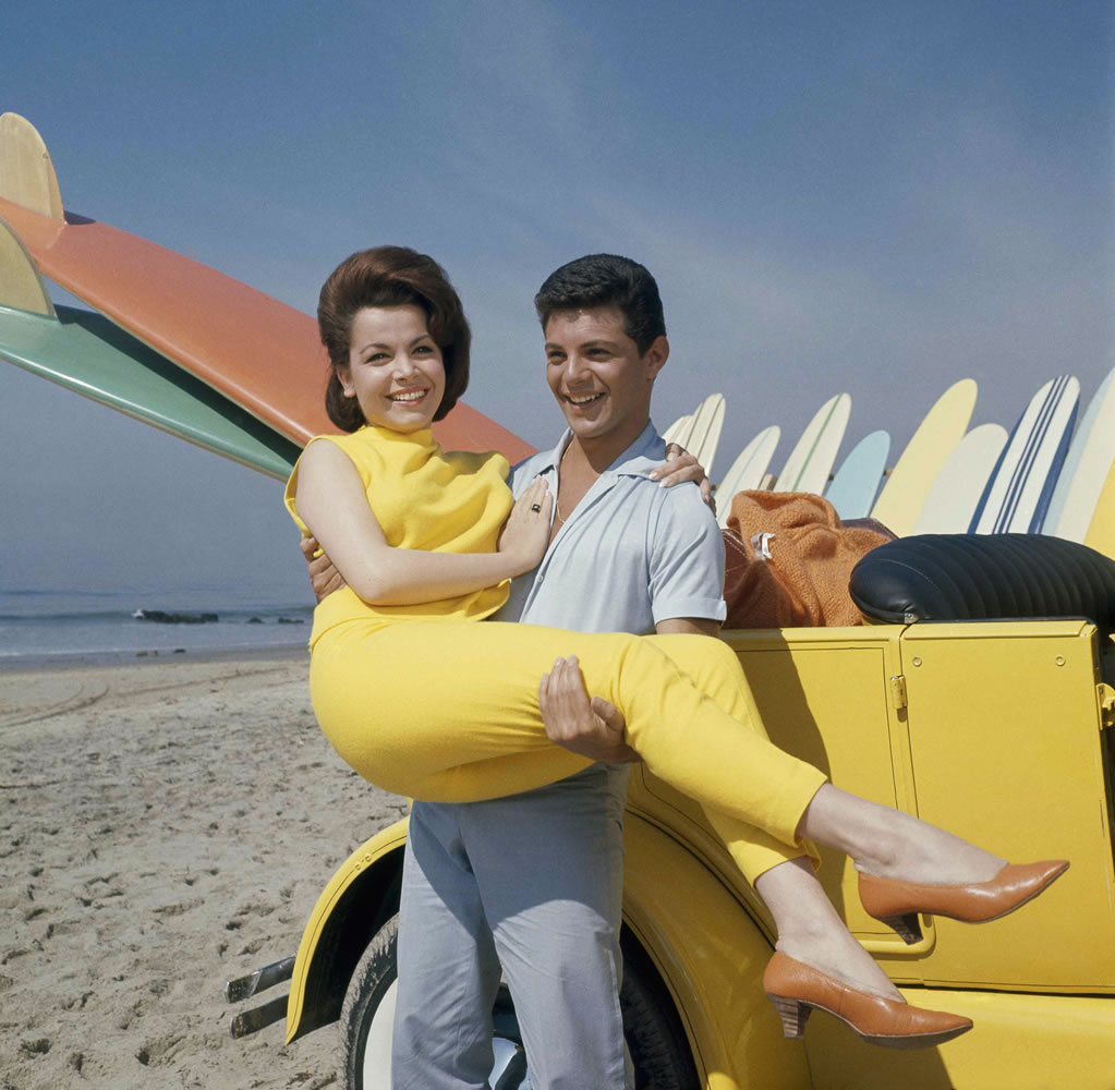 Singer Frankie Avalon and actress Annette Funicello are seen on Malibu Beach during filming of &quot;Beauty Party,&quot; in California in 1963.