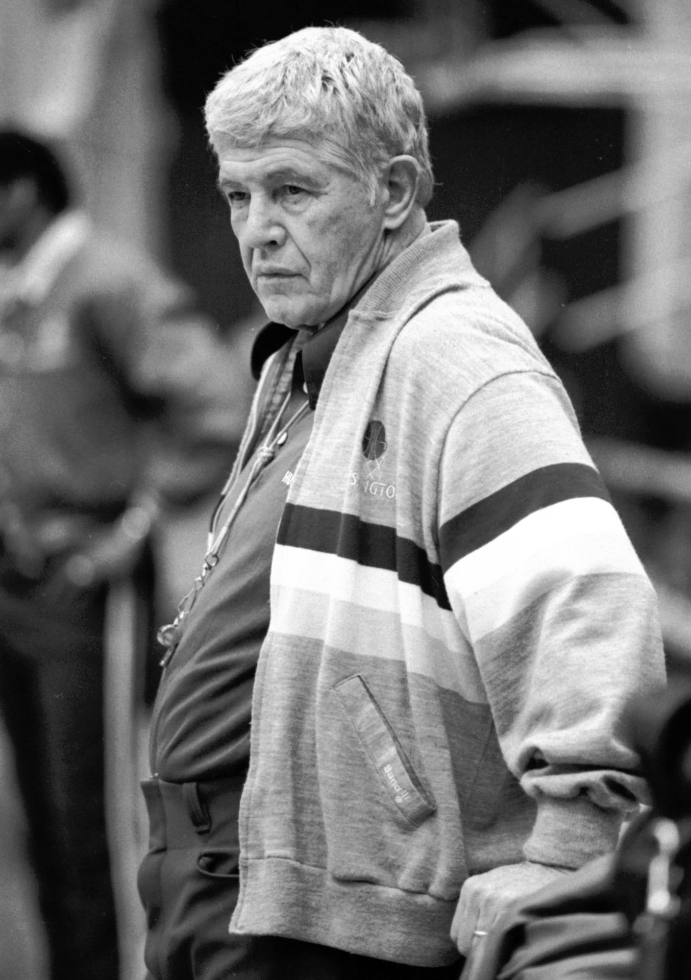In this March 19, 1984, file photo, Washington coach Marv Harshman watches his team during in preparation for the western regional semifinal of the NCAA college basketball tournament in Seattle. Harshman, who spent 40 years coaching in the state of Washington, died Friday, April 12, 2013, the University of Washington said.