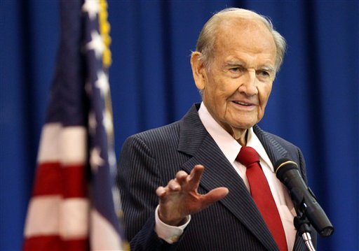 In this Jan. 20, 2012 photo, George McGovern speaks during First Coast Technical College's winter commencement ceremony on in St. Augustine, Fla. A family spokesman says, McGovern, the Democrat who lost to President Richard Nixon in 1972 in a historic landslide, has died at the age of 90. According to a spokesman, McGovern died Sunday, Oct.