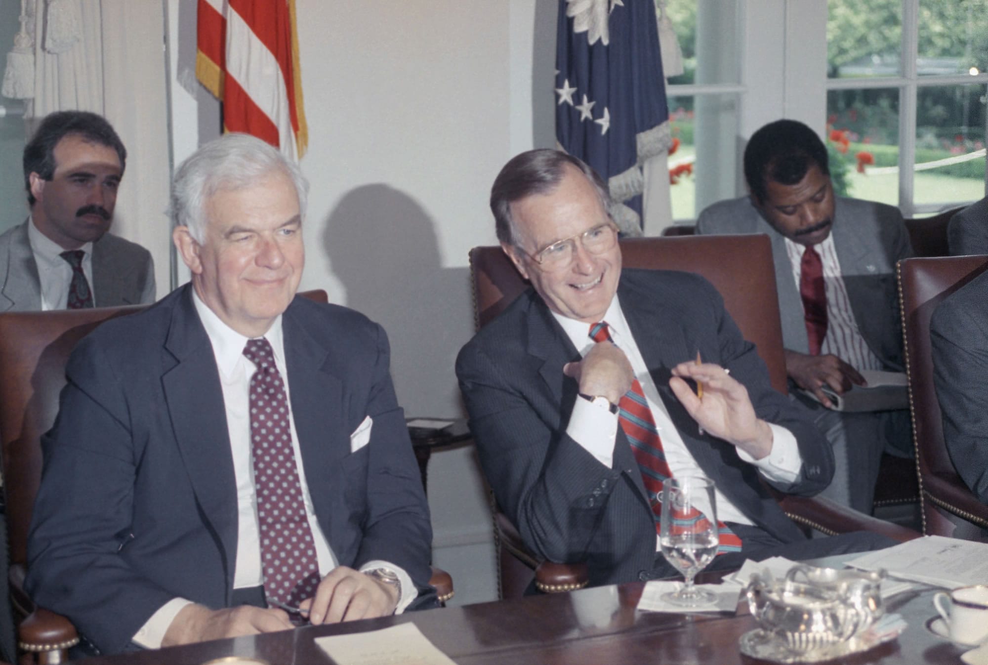 In this June 6, 1989 file photo, House Speaker Tom Foley of Washington sits next to U.S. President George H. Bush during a meeting with the congressional leadership at the White House in Washington.