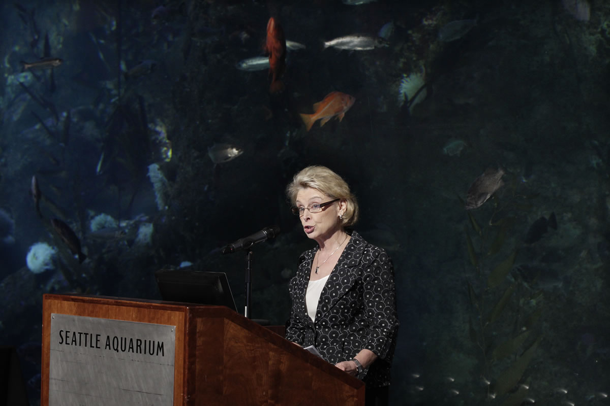 Gov. Chris Gregoire, speaks at the Seattle Aquarium after hearing from a panel she formed to address the issue of ocean acidification, Tuesday, Nov. 27, 2012, in Seattle. Gregoire later signed an executive order directing the Department of Ecology to work on the problem of ocean acidification by reducing carbon dioxide emissions, keeping polluted runoff out of marine waters, and increasing water monitoring. (AP Photo/Ted S.